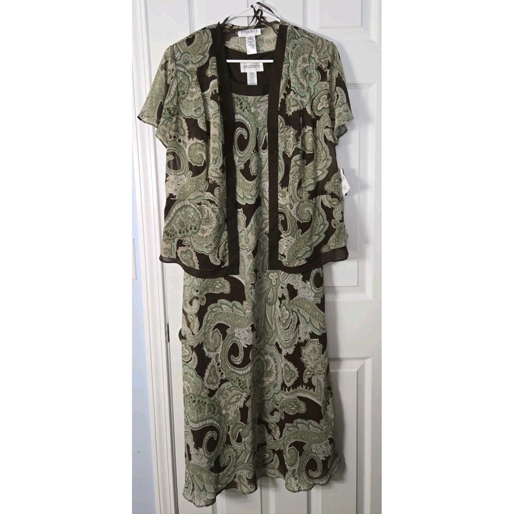 Studio I Womans 2 Piece Maxi Dress Size 14 Paisley Print Sleeveless & Jacket